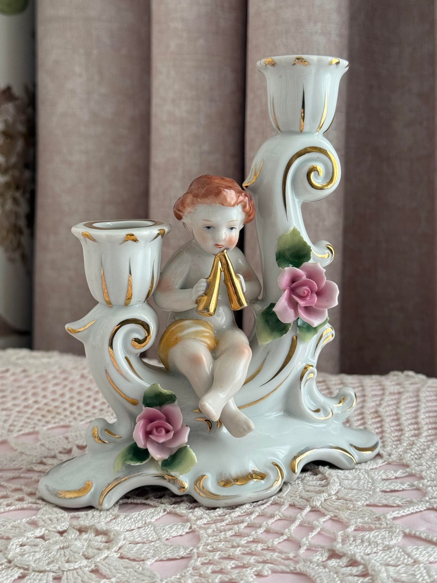 Porcelain Cherub Double Candle Holder – Romantic Vintage European Figurine