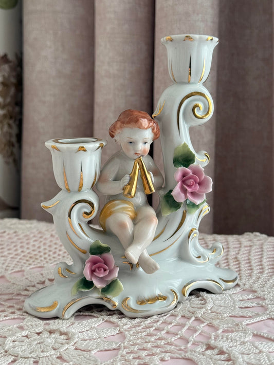 Porcelain Cherub Double Candle Holder – Romantic Vintage European Figurine