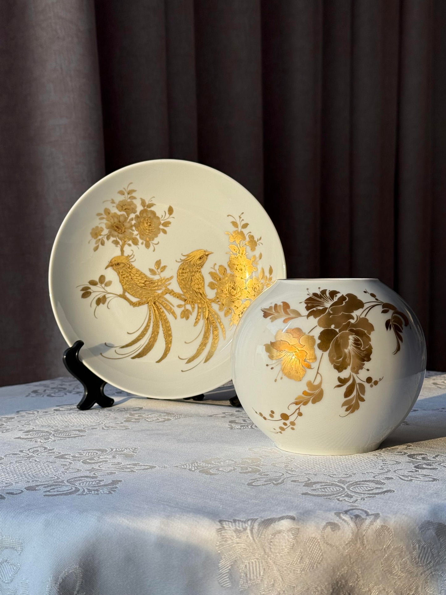 Kaiser Porcelain Decorative Plate & Vase — Gold Floral and Bird Motif